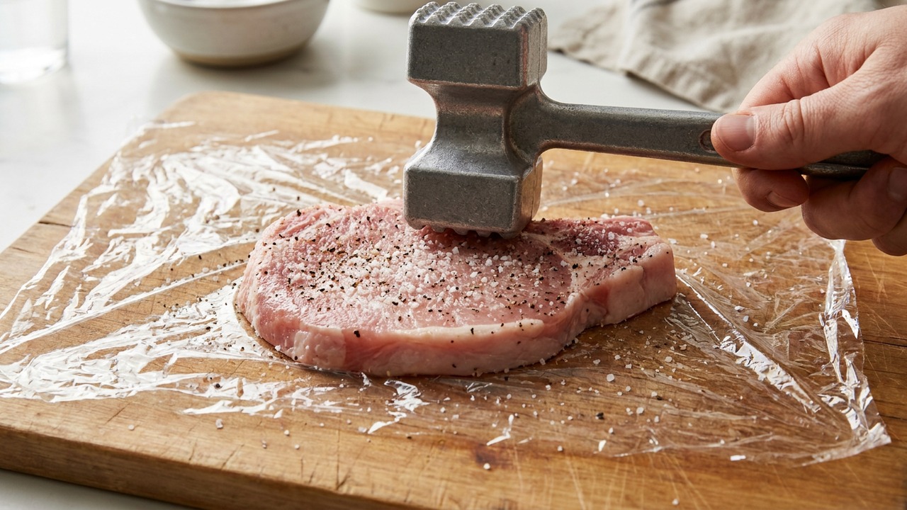 Prepare and pound the pork