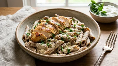 High-Protein Greek Yogurt Chicken Alfredo with Whole Wheat Penne
