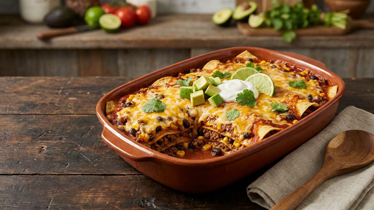 Layered Mexican Beef Enchilada Casserole with Black Beans and Corn