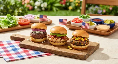 Fourth of July Slider Trio Beef Chicken and Veg with Toppings