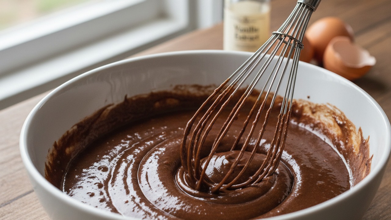 Whisk sugars, eggs and vanilla into chocolate