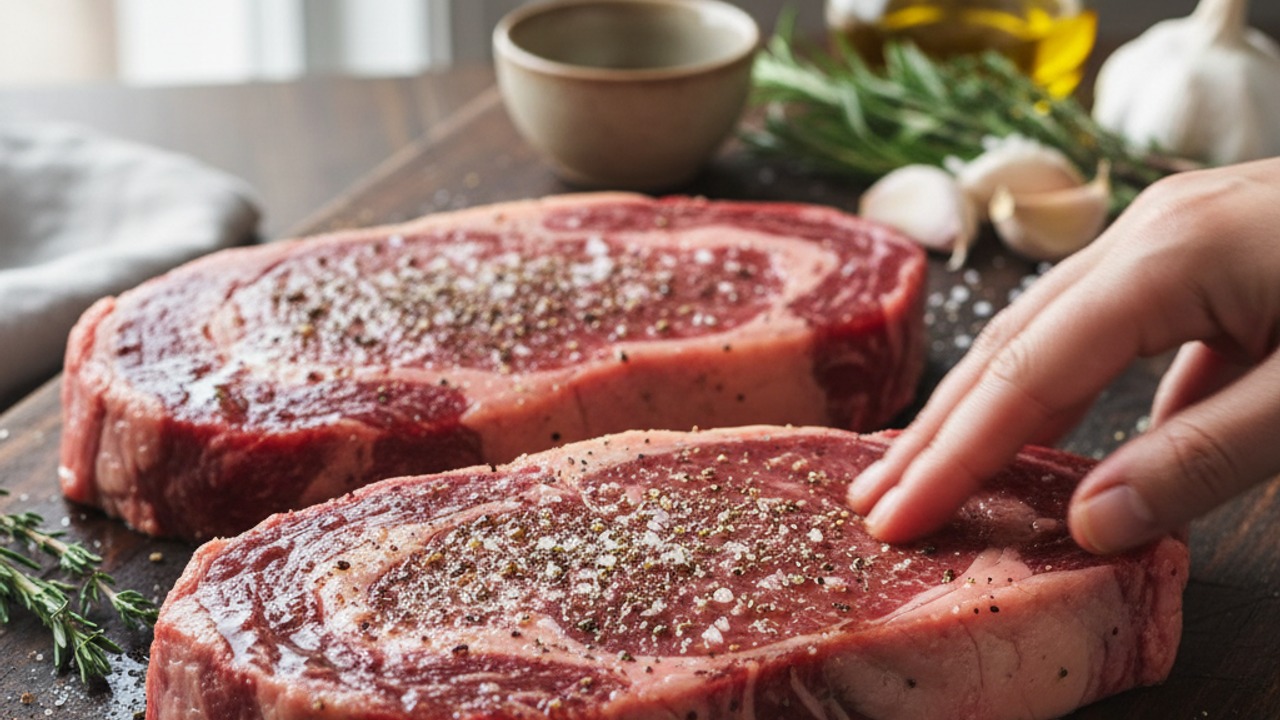 Bring steaks to room temperature and season