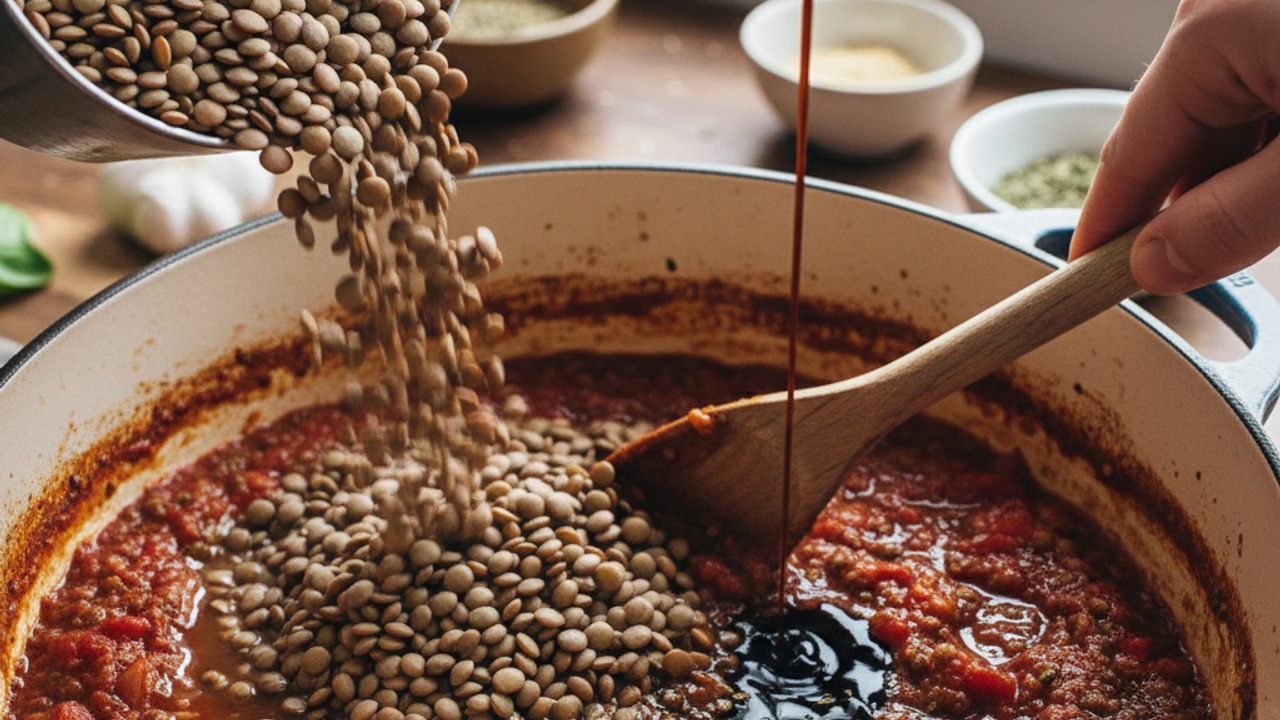 Add lentils, tomatoes and seasonings
