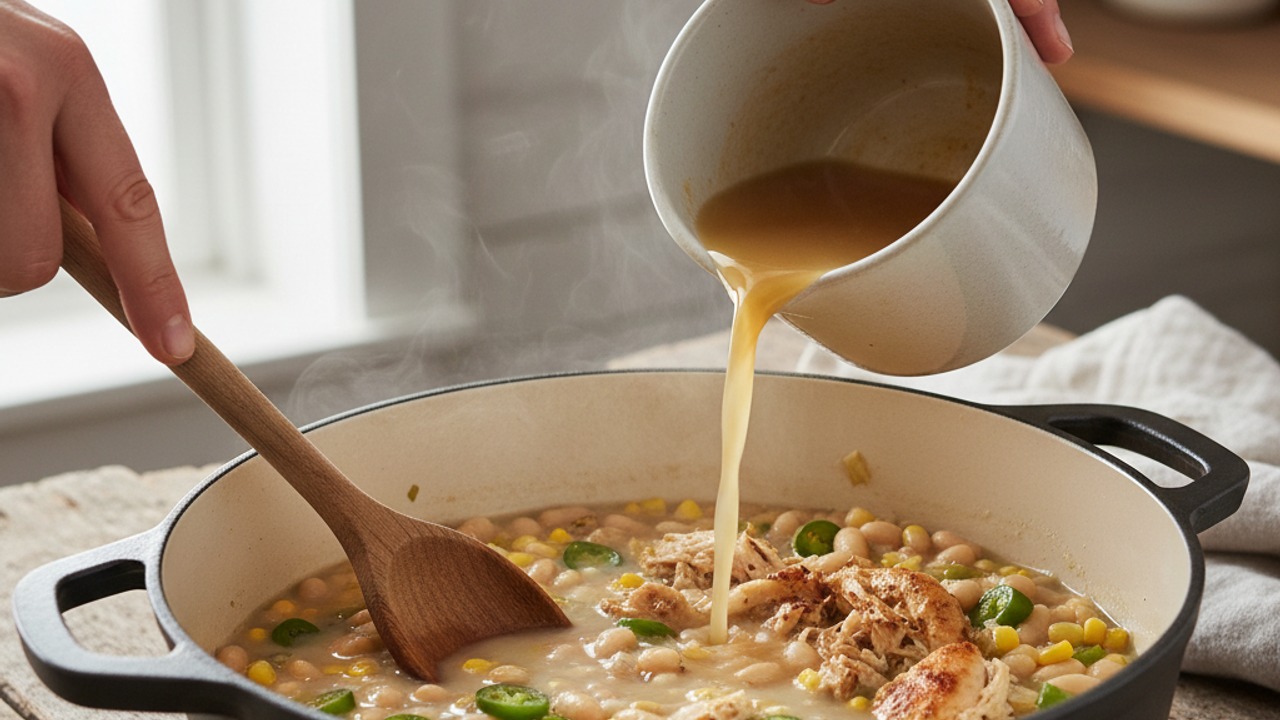 Add liquids, beans and chiles
