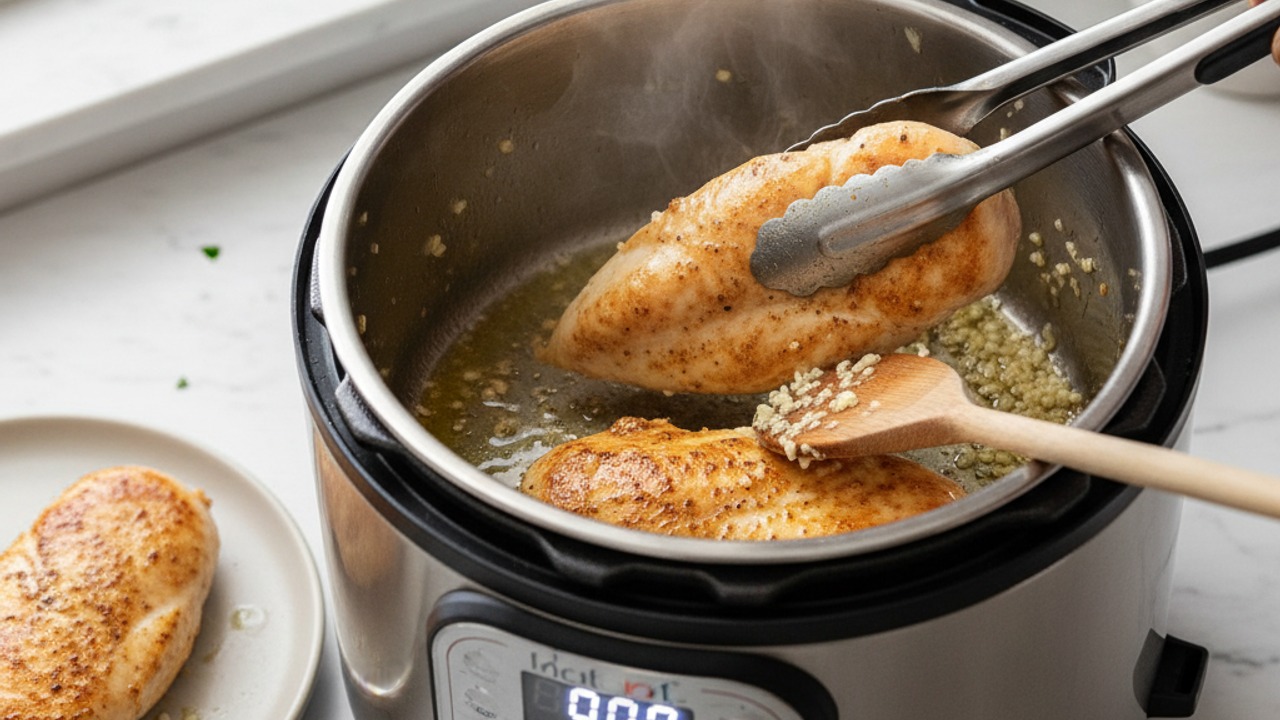 Sear chicken and sauté garlic