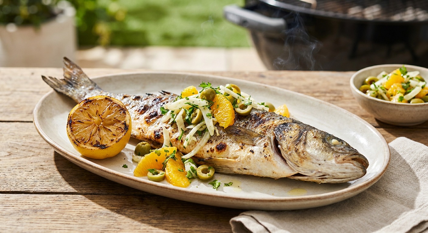 Whole Grilled Branzino with Fennel-Orange Olive Salsa