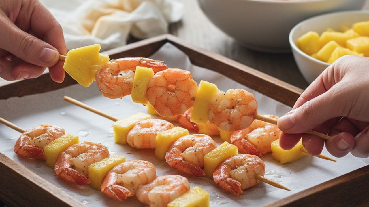 Prepare skewers with shrimp and pineapple
