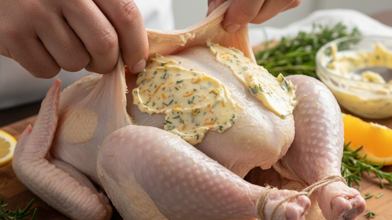 Loosen skin and apply the butter; truss