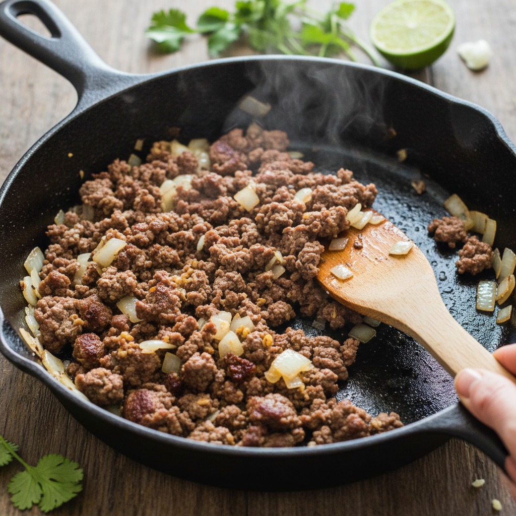 Sauté aromatics and brown the beef