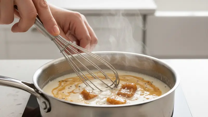 Warm and emulsify milk with brown butter
