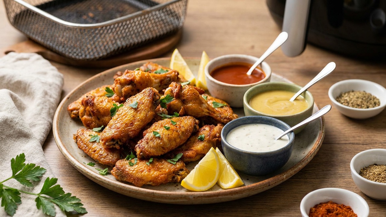 Air Fryer Crispy Chicken Wings with 3 Dipping Sauces