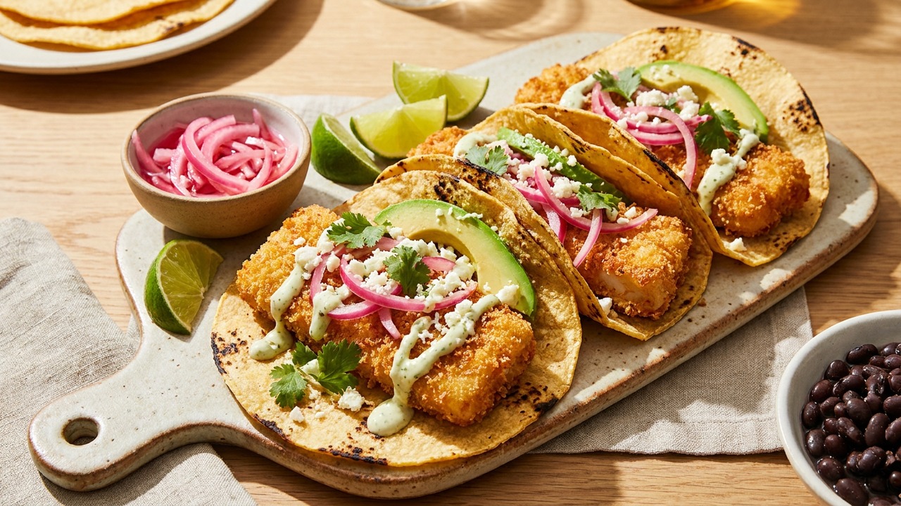 Air Fryer Crispy Cod Tacos with Quick Pickled Red Onions