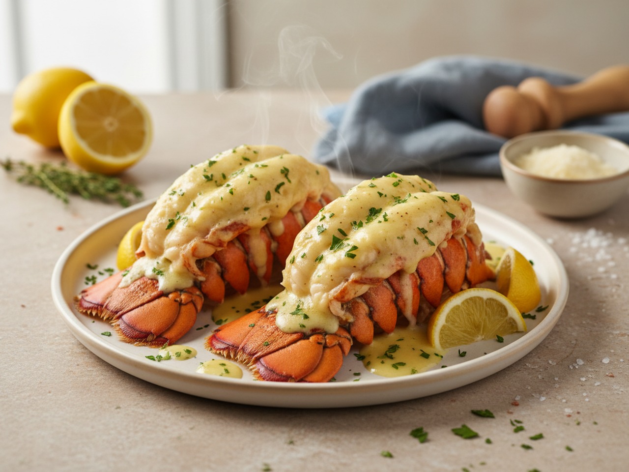 Baked Lobster Tail with Garlic Parmesan Mornay Sauce