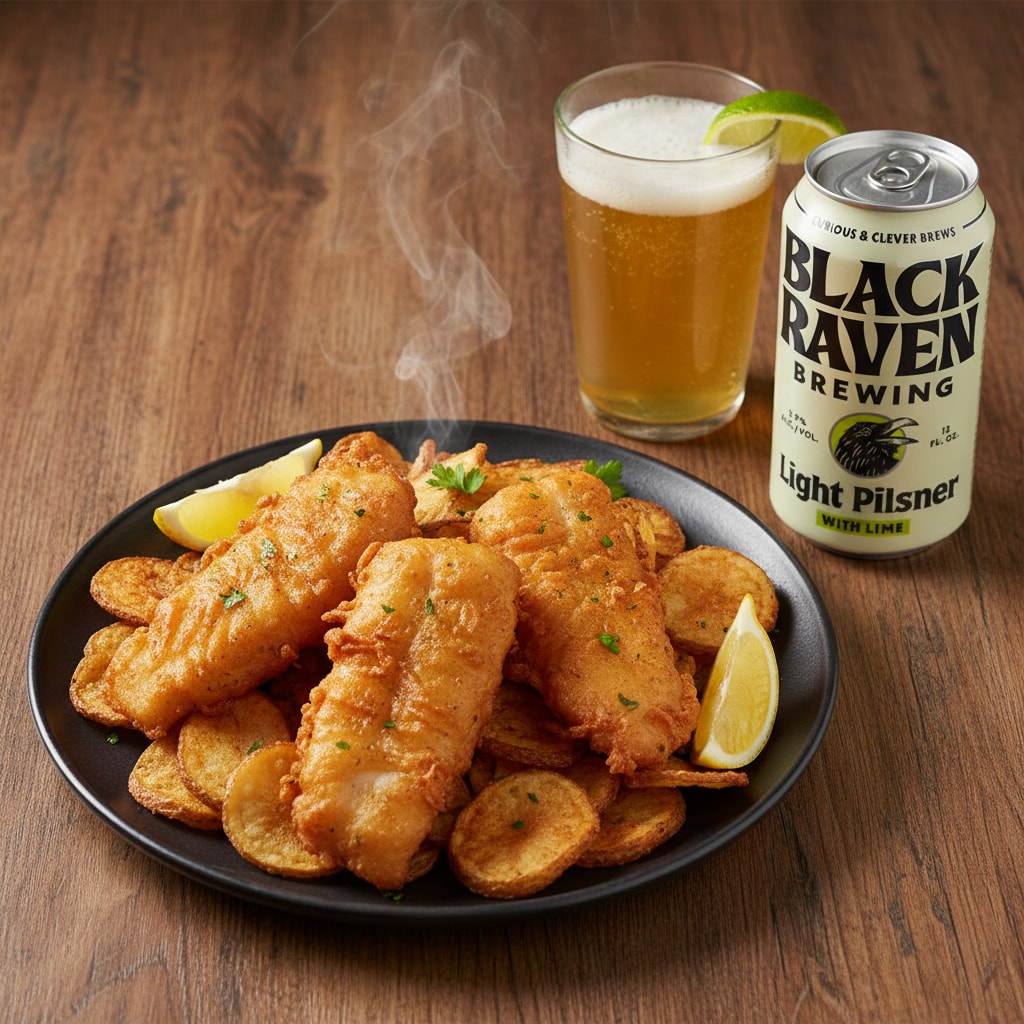 Black Raven Light Pilsner With Lime Battered Fish & Chips