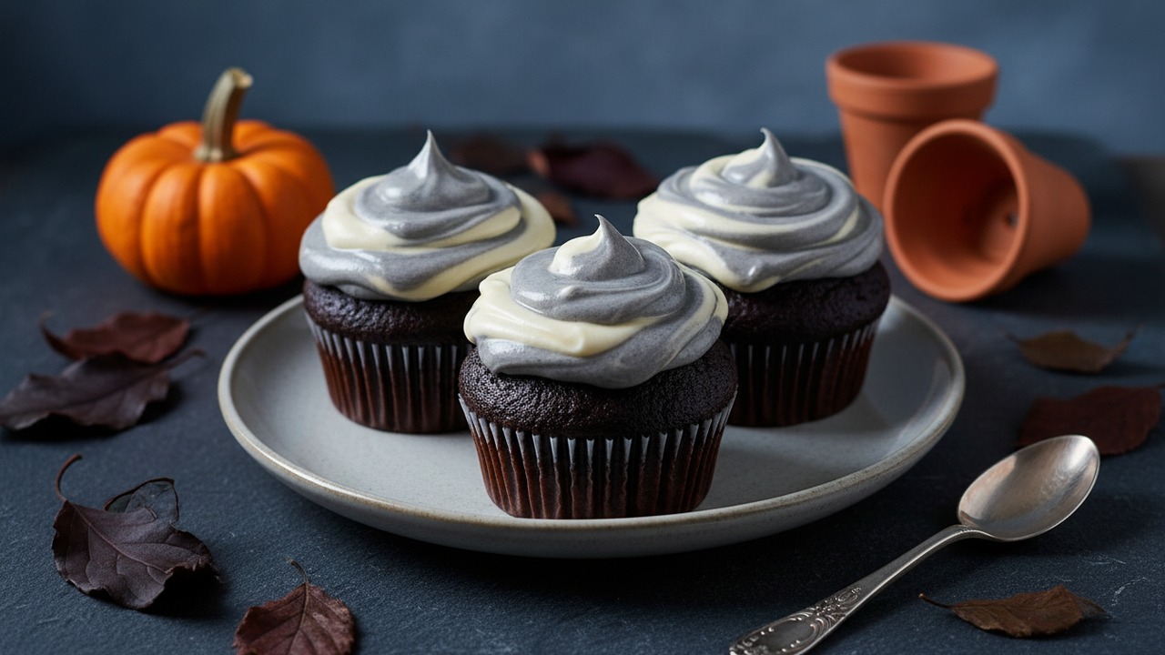 Black Velvet Halloween Cupcakes with Cream Cheese Swirl