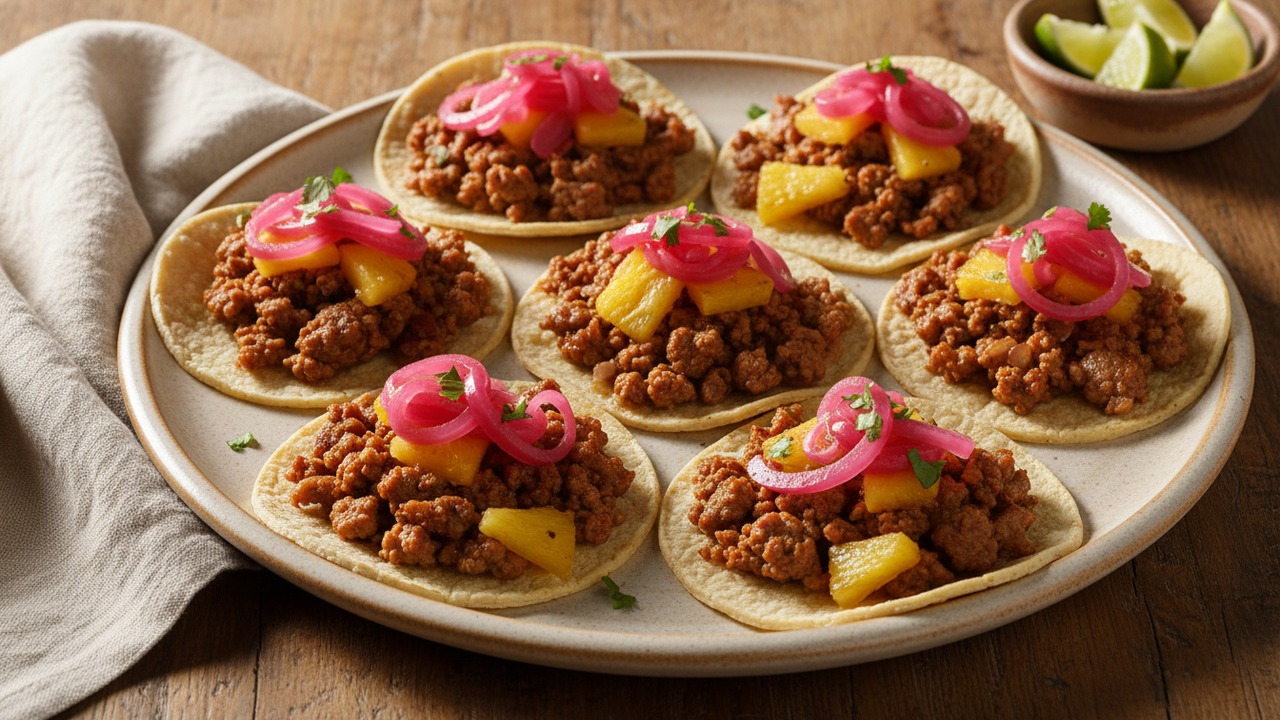 Citrus Pineapple Ground Pork Tacos with Quick Pickled Onions