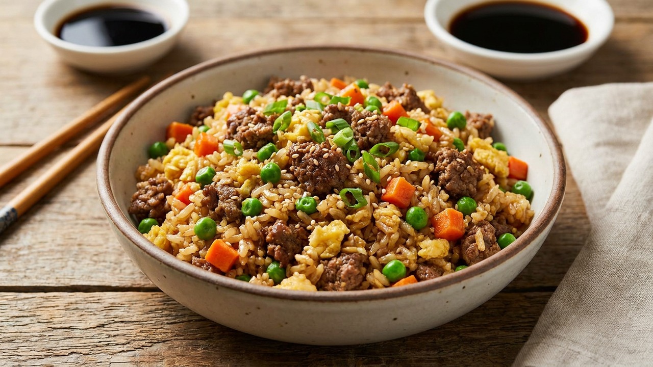 Easy Ground Beef Fried Rice with Peas, Carrots and Soy-Garlic Sauce