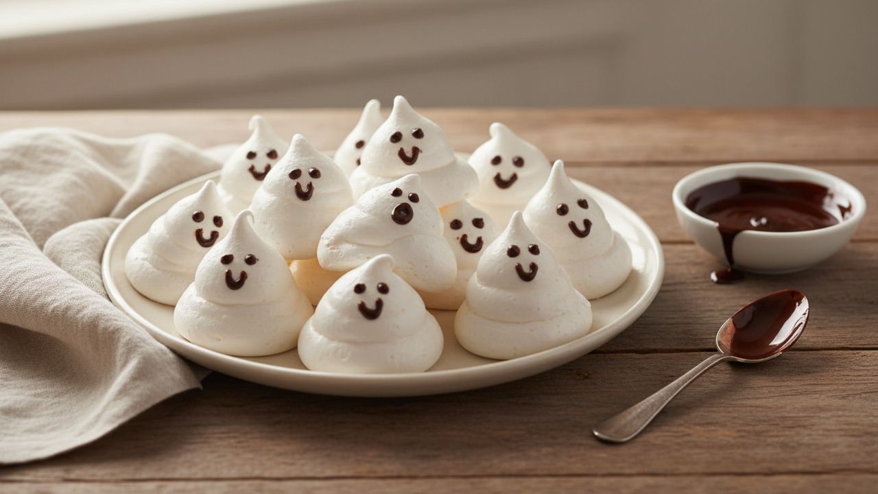 Ghost Meringue Kisses with Chocolate Face