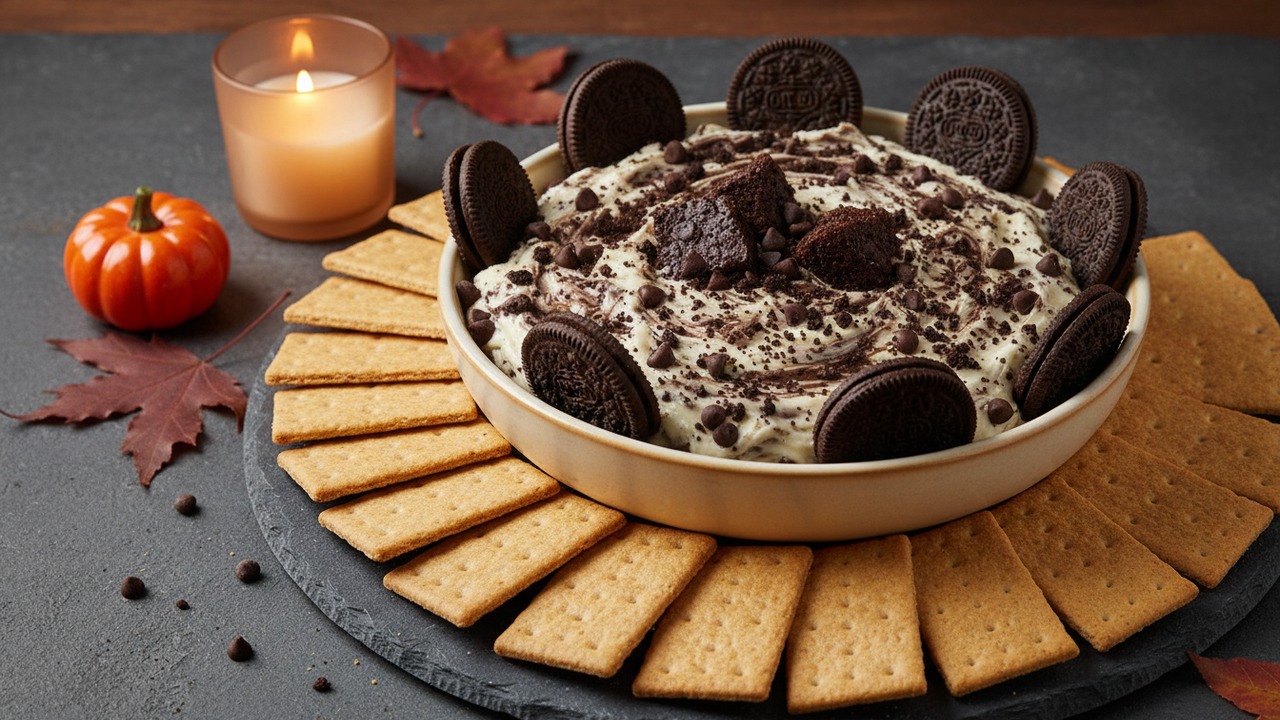 Graveyard Brownie Cheesecake Dip with Oreo Tombstones