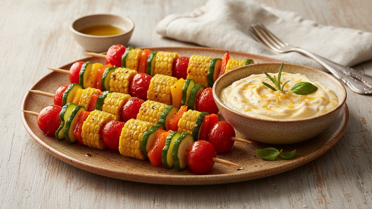Grilled Rainbow Veggie Pops with Cheesy Dip