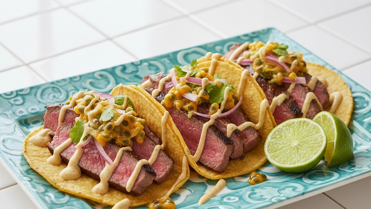Grilled Ribeye Tacos with Muddled Passion Fruit Salsa and Charred‑Lime Crema