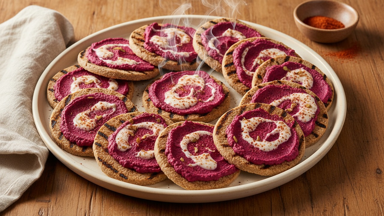 Grilled Rye Crisps with Charred Beet Hummus