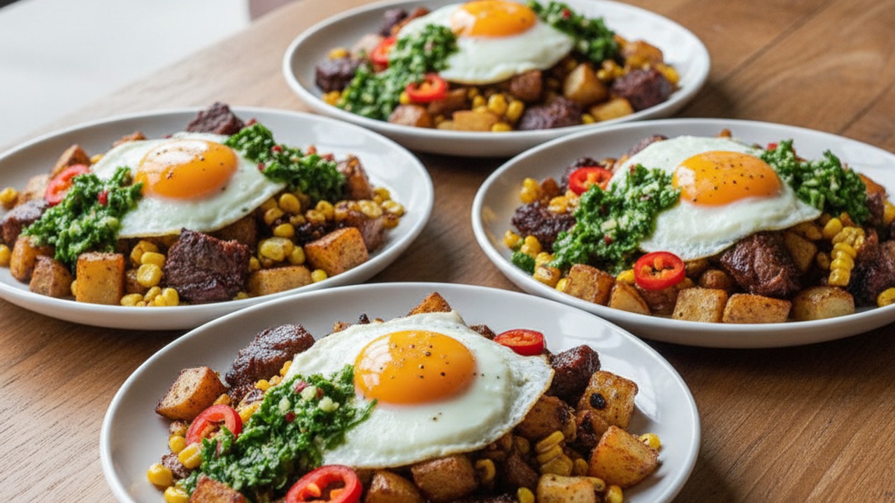 Grilled Short‑Rib Breakfast Hash with Charred Corn, Jalapeño & Sunny‑Side Eggs