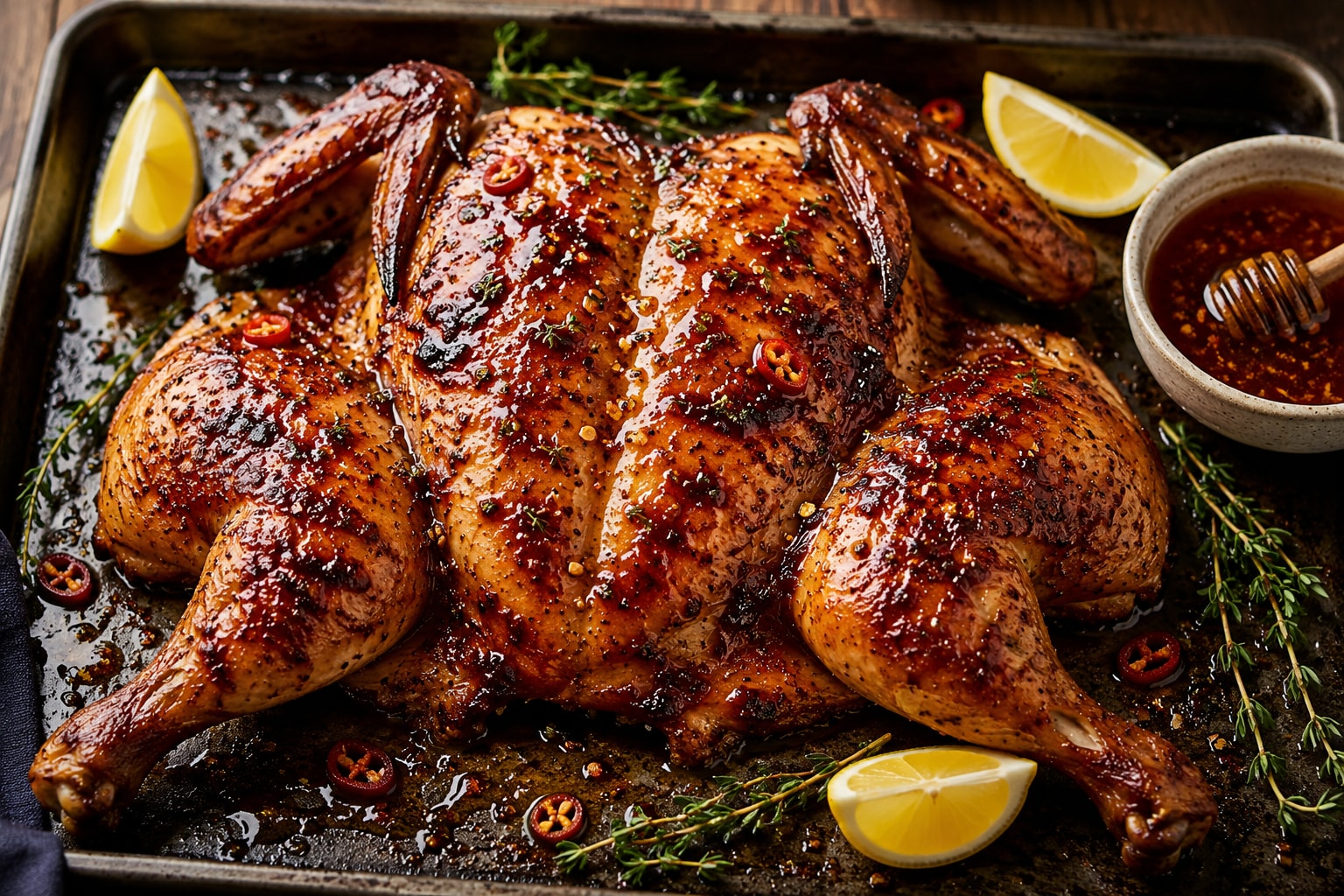 Hot Honey Butter Spatchcock Chicken