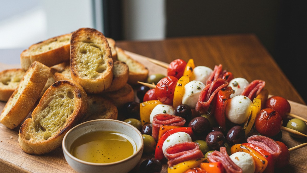 Labor Day Grilled Antipasto Skewers with Charred Ciabatta Crostini