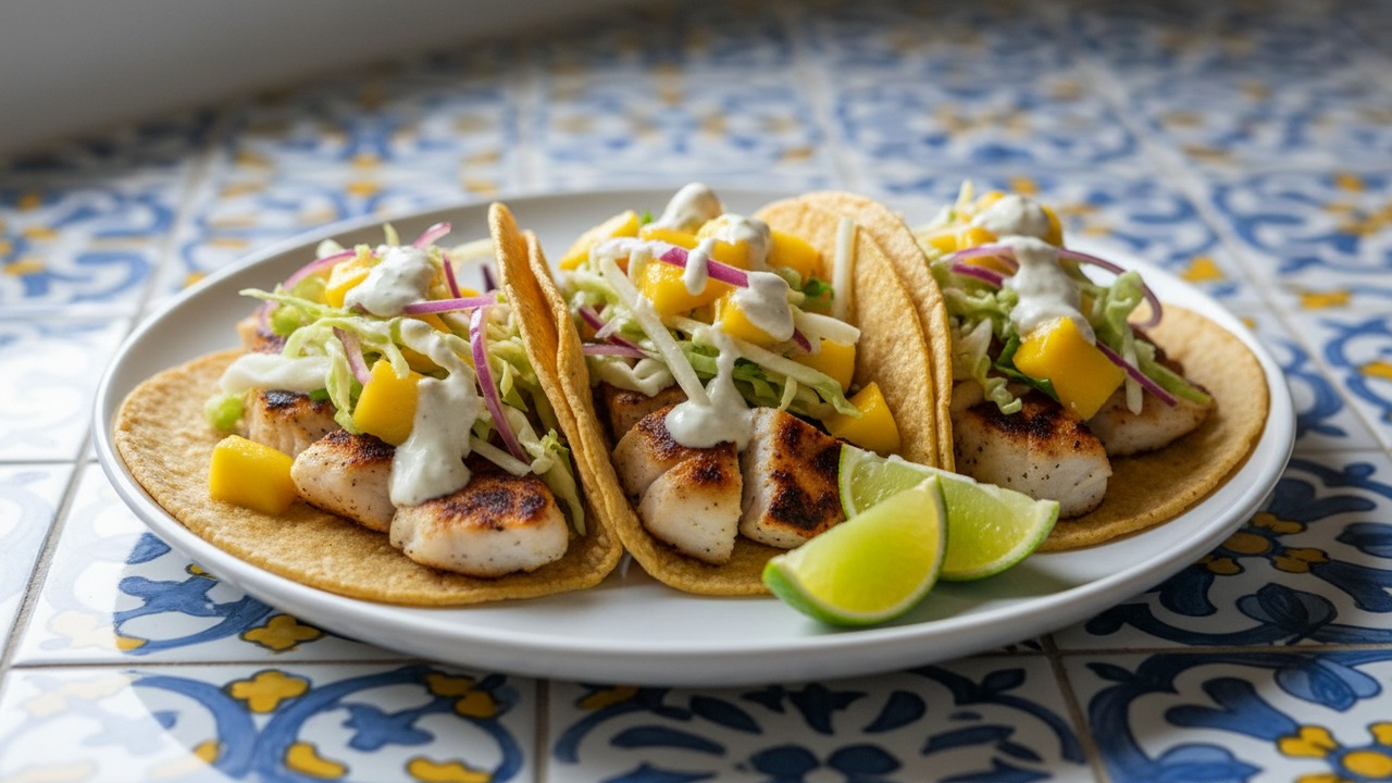 Low-Fat Baja Fish Tacos with Mango Slaw