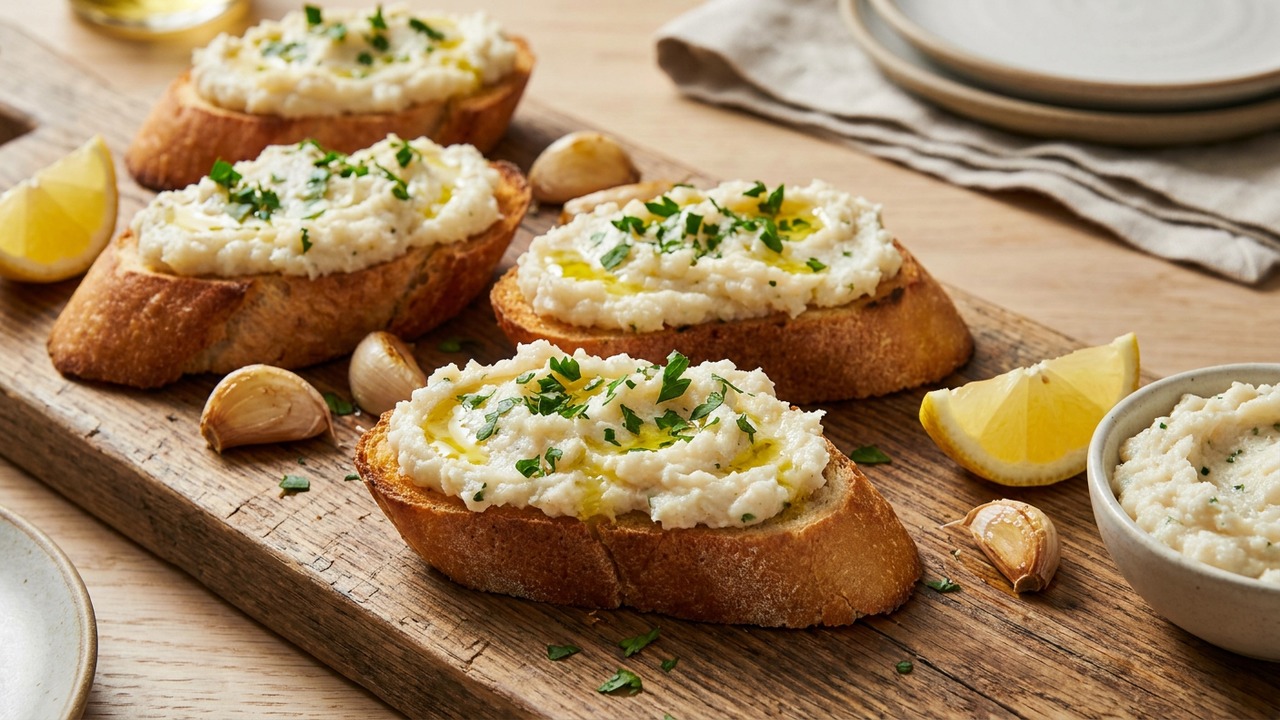 Salted Cod Brandade (Bacalhau) Crostini with Roasted Garlic