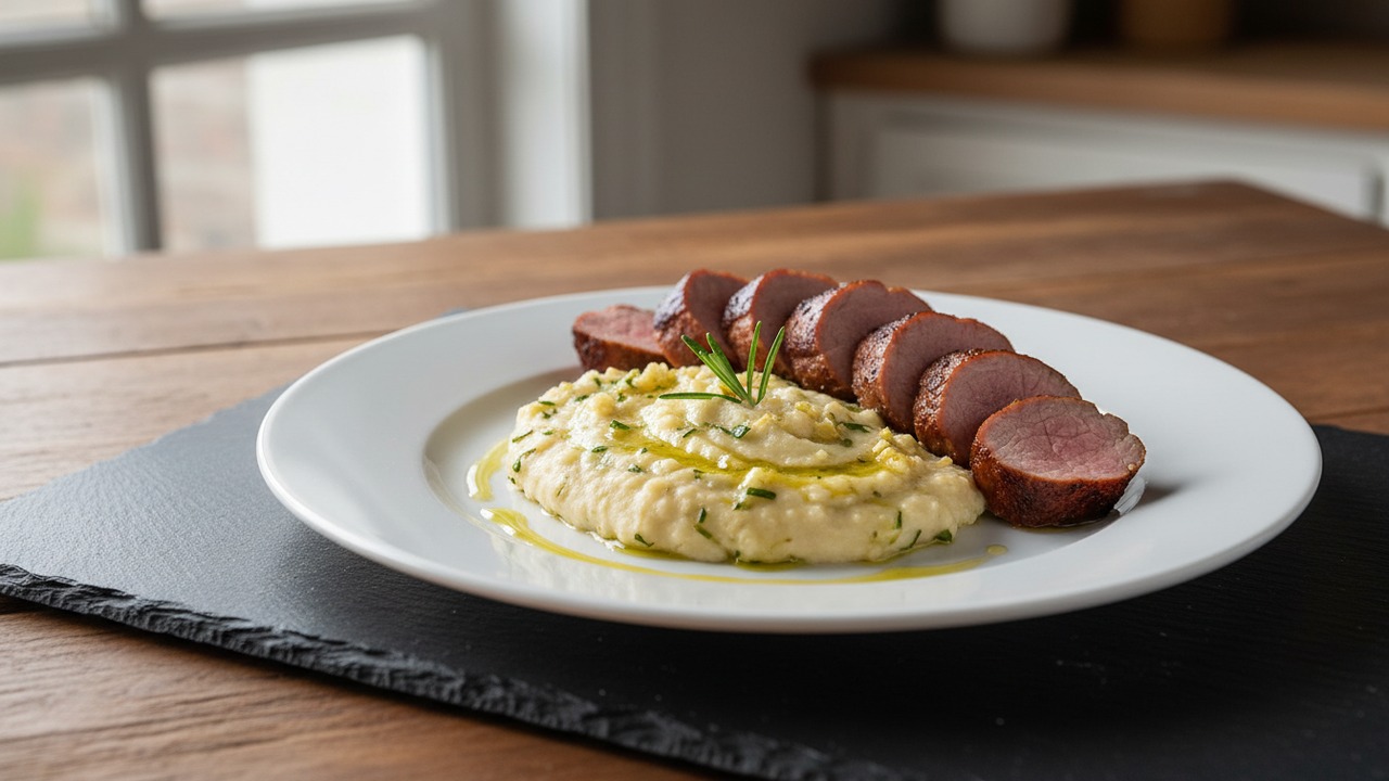 Smoked Pork Tenderloin with White-Bean Mash