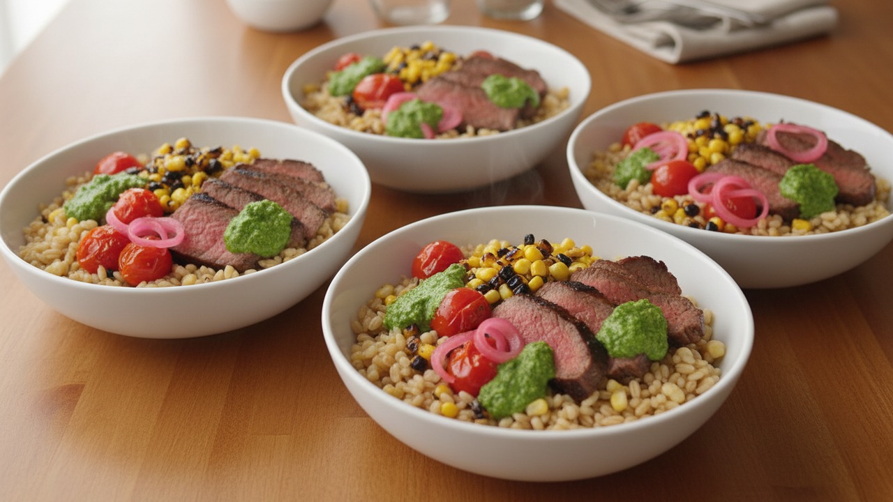 Steak Lunch Bowls with Charred Corn & Chimichurri